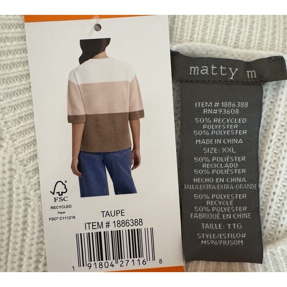 Matty M Womens Sweater XXL Knitted Taupe & White Elbow Sleeves Pullover Brown - Picture 7 of 10